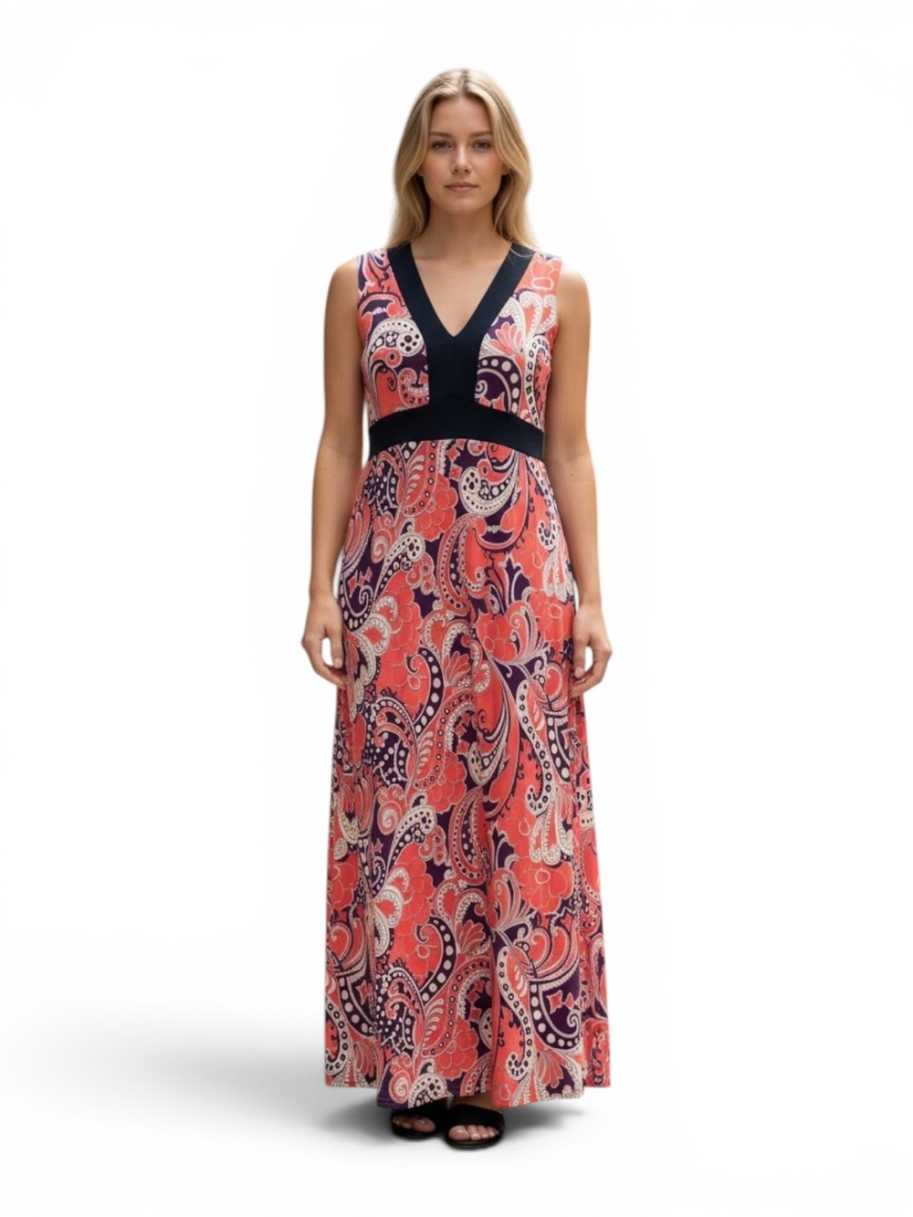 Vintage Sleeveless V-Neck Bohemian Coral Paisley Maxi Dress with Navy Trim